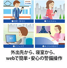 外出先から、寝室から、Webで簡単・安心の警備操作