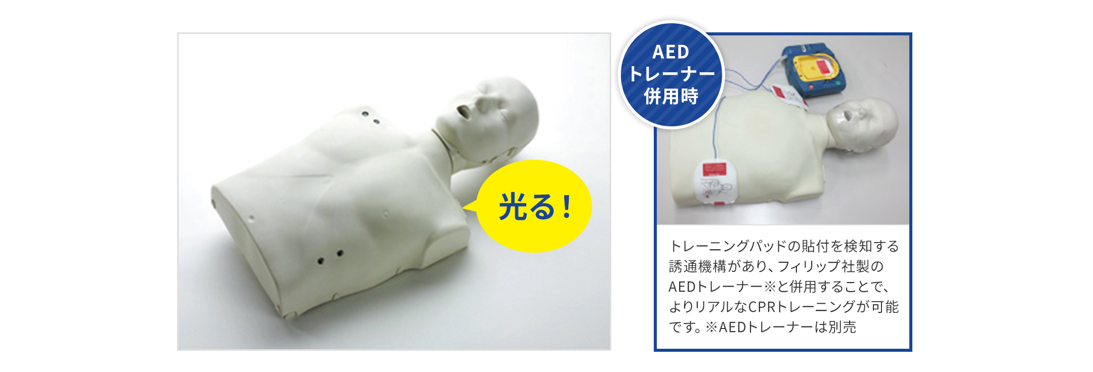 光るトレーニング用のマネキン。トレーニングパッドの貼付を検知する誘通機能があり、フィリップ社製のAEDトレーナー※と併用することで、よりリアルなCPRトレーニングが可能です。※AEDトレーナーは別売