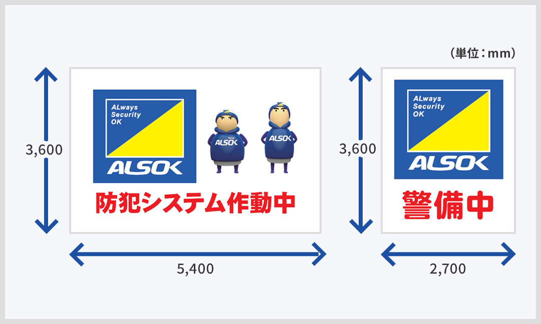 3,600mm×5,400mmのALSOKのロゴと「防犯システム作動中」と書かれたシートと、3,600mm×2,700mmのALSOKのロゴと「警備中」と書かれたシートの2種類。