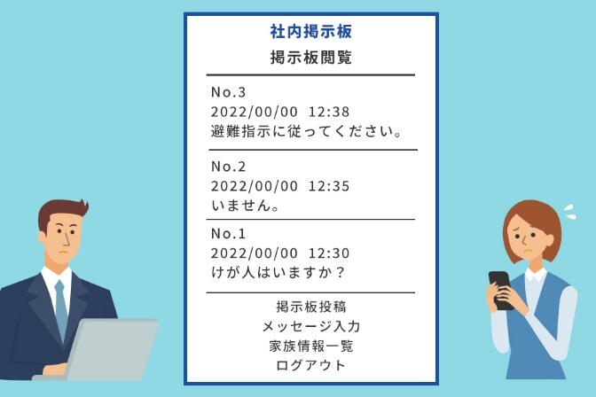 社内掲示板の会話例: No.1 2022/00/00 12:30けが人はいますか?No.2 2022/00/00 12:35 いません。No.3 2022/00/00 12:38 避難指示に従ってください。