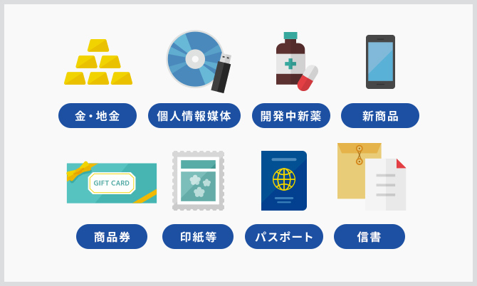 輸送可能な物件の例: 金・地金、個人情報媒体、開発中新薬、新商品、商品券、印紙等、パスポート、信書