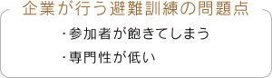 企業が行う避難訓練の問題点 ・参加者が飽きてしまう・専門性が低い