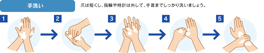 手洗い 爪は短くし、指輪や時計は外して、手首までしっかり洗いましょう。