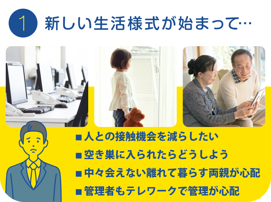 1.新しい生活様式が始まって…
			・人との接触機会を減らしたい
			・空き巣に入られたらどうしよう
　　　　　・中々会えない離れて暮らす両親が心配
			・管理者もテレワークで管理が心配