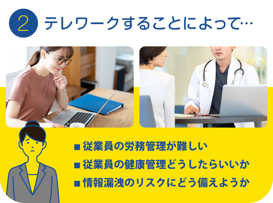 2.テレワークすることによって…
			・従業員の労務管理が難しい
			・従業員の健康管理どうしたらいいか
			・情報漏洩のリスクにどう備えようか