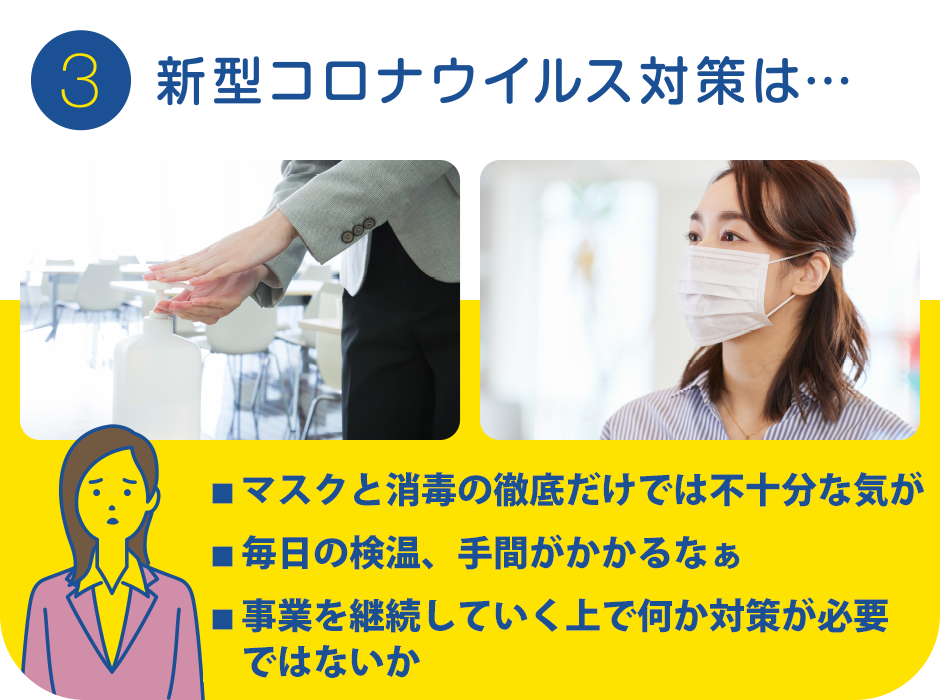 3.新型コロナウイルス対策は…
			・マスクと消毒の徹底だけでは不十分な気が
			・毎日の検温、手間がかかるなぁ
			・事業を継続するうえで、何か対策が必要ではないか