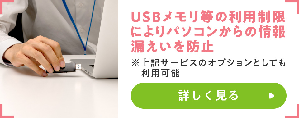 USBメモリ等の利用制限によりパソコンからの情報漏えいを防止
				※上記サービスのオプションとしても利用可能