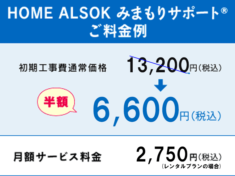 HOME ALSOK みまもりサポートRご料金例 初期工事費通常価格13,200円（税込）→半額6,600円（税込） 月額サービス料金2,750円（税込）