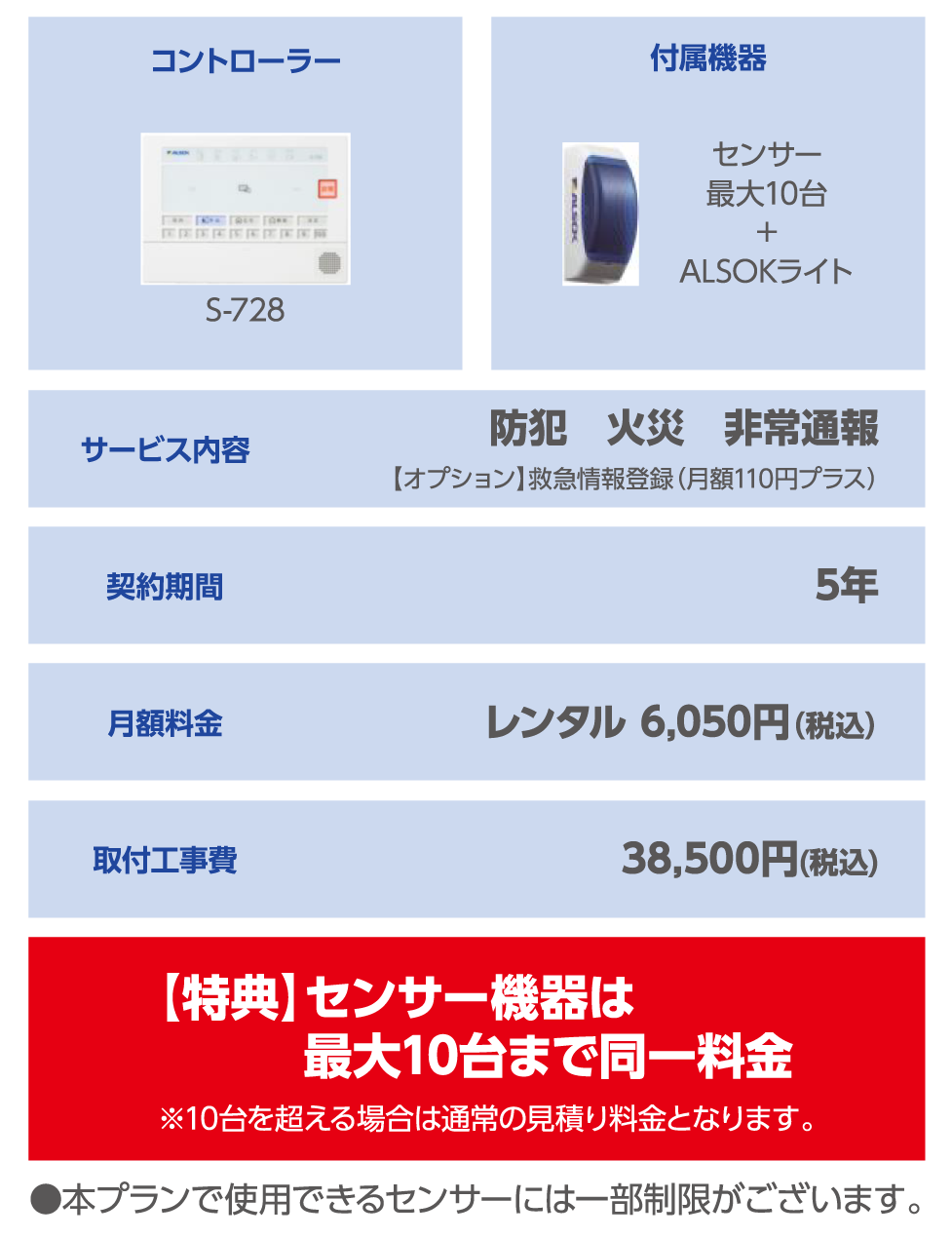 コントローラー：S-728 付属機器：センサー最大10台+ALSOKライト サービス内容：防犯 火災 非常通報 [オプション]救急情報登録(月額110円プラス) 契約期間:5年 月額料金:レンタル 6,050円(税込) 取付工事費:38,500円(税込) 特典:センサー機器は最大10台まで同一料金 ※10台を超える場合は通常の見積り料金となります。 本プランで使用できるセンサーには一部制限がございます。