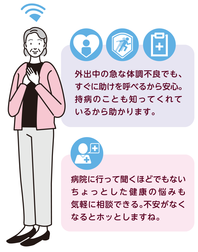 外出中の急な体調不良でも、すぐに助けを呼べるから安心。持病のことも知ってくれているから助かります。病院に行って聞くほどでもないちょっとした健康の悩みも気軽に相談できる。不安がなくなるとホッとしますね。