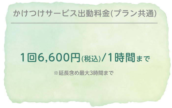 かけつけサービス出動料金(プラン共通)|1回6,600円(税込)/1時間まで※延長含め最大3時間まで