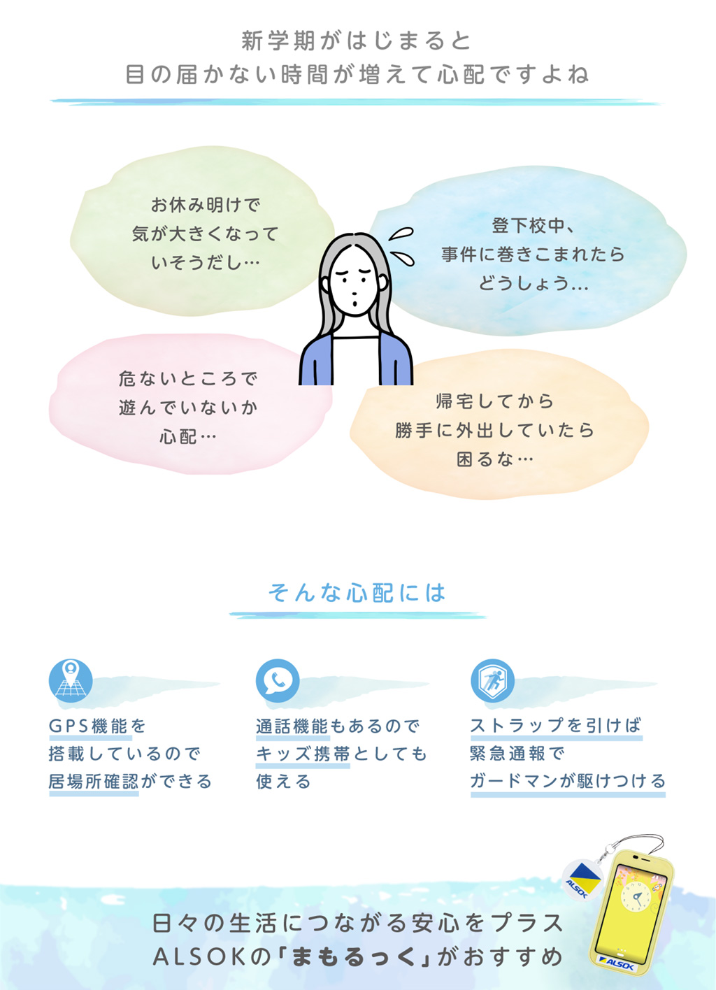 
		新学期がはじまると
		目の届かない時間が増えて心配ですよね
		お休み明けで気が大きくなっていそうだし…
		登下校中、事件に巻き込まれたらどうしよう…
		危ないところで遊んでいないか心配…
		帰宅してから勝手に外出していたら困るな…
		そんな心配には
		GPS機能を搭載しているので居場所確認ができる
		通話機能もあるのでキッズ携帯としても使える
		ストラップを引けば緊急通報でガードマンが駆けつける
		日々の生活につながる安心をプラス
		ALSOKの「まもるっく」がおすすめ
	