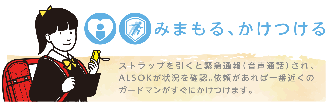 みまもる、かけつける｜ストラップを引くと緊急通報（音声通話）され、ALSOKが状況を確認。依頼があれば一番近くのガードマンがすぐにかけつけます。