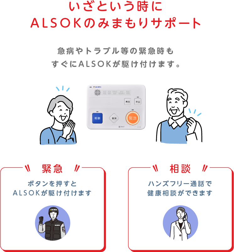 
		いざという時にALSOKのみまもりサポート
		急病やトラブル等の緊急時もすぐにALSOKが駆け付けます。
		緊急 ボタンを押すとALSOKが駆け付けます
		相談 ハンズフリー通話で健康相談ができます