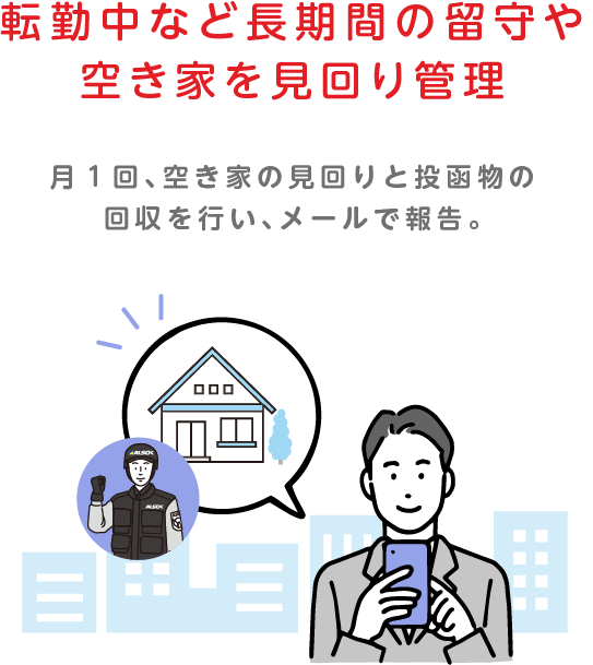 
		転勤中など長期間の留守や空き家を見回り管理
		月１回、空き家の見回りと投函物の回収を行い、メールで報告。