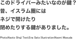 このドライバーみたいなのが鍵？昔、イスラム圏にはネジで開けたり閉めたりする鍵がありました。