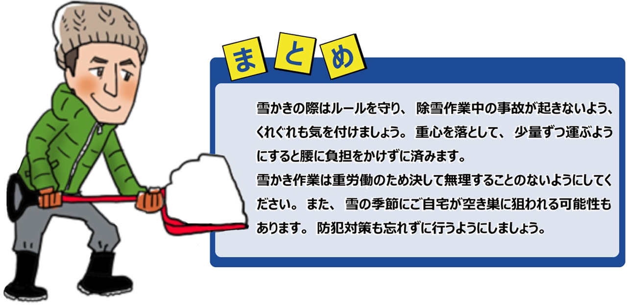 雪かきの際は、ルールを守り、除雪作業中の事故が起きないよう、くれぐれも気を付けましょう。重心を落として、少量ずつ運ぶようにすると腰に負担をかけずに済みます。雪かき作業は重労働のため決して無理することのないようにしてください。また、雪の季節にご自宅が空き巣に狙われる可能性もあります。防犯対策も忘れずに行うようにしましょう。