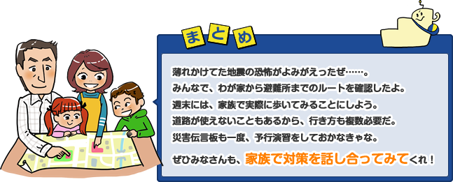 薄れかけてた地震の恐怖がよみがえったぜ……。みんなで、わが家から避難所までのルートを確認したよ。週末には、家族で実際に歩いてみることにしよう。道路が使えないこともあるから、行き方も複数必要だ。災害伝言板も一度、予行演習をしておかなきゃな。ぜひみなさんも、家族で対策を話し合ってみてくれ！