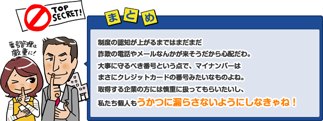 制度の認知が上がるまではまだまだ詐欺の電話やメールなんかが来そうだから心配だわ。大事に守るべき番号という点で、マイナンバーはまさにクレジットカードの番号みたいなものよね。取得する企業の方には慎重に扱ってもらいたいし、私たち個人もうかつに漏らさないようにしなきゃね！