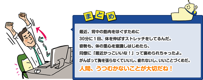 最近、背中の筋肉をほぐすために30分に1回、体を伸ばすストレッチをしてるんだ。姿勢も、体の重心を意識しはじめたら、同僚に「最近かっこいいな!」って褒められちゃったよ。がんばって胸を張らなくていいし、疲れないし、いいことづくめだ。人間、うつむかないことが大切だね!