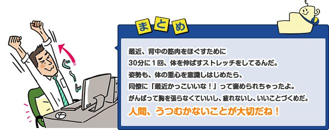 最近、背中の筋肉をほぐすために30分に１回、体を伸ばすストレッチをしてるんだ。姿勢も、体の重心を意識しはじめたら、同僚に「最近かっこいいな！」って褒められちゃったよ。がんばって胸を張らなくていいし、疲れないし、いいことづくめだ。人間、うつむかないことが大切だね！