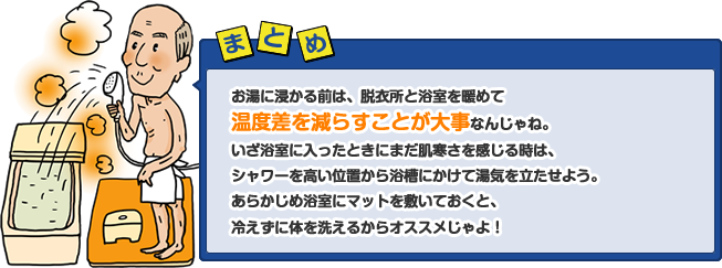 お湯に浸かる前は、脱衣所と浴室を暖めて温度差を減らすことが大事なんじゃね。いざ浴室に入ったときにまだ肌寒さを感じる時は、シャワーを高い位置から浴槽にかけて湯気を立たせよう。あらかじめ浴室にマットを敷いておくと、冷えずに体を洗えるからオススメじゃよ！