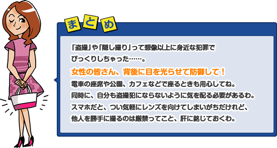 「盗撮」や「隠し撮り」って想像以上に身近な犯罪でびっくりしちゃった……。女性の皆さん、背後に目を光らせて防御して！電車の座席や公園、カフェなどで座るときも用心してね。同時に、自分も盗撮犯にならないように気を配る必要があるわ。スマホだと、つい気軽にレンズを向けてしまいがちだけれど、他人を勝手に撮るのは厳禁ってこと、肝に銘じておくわ。