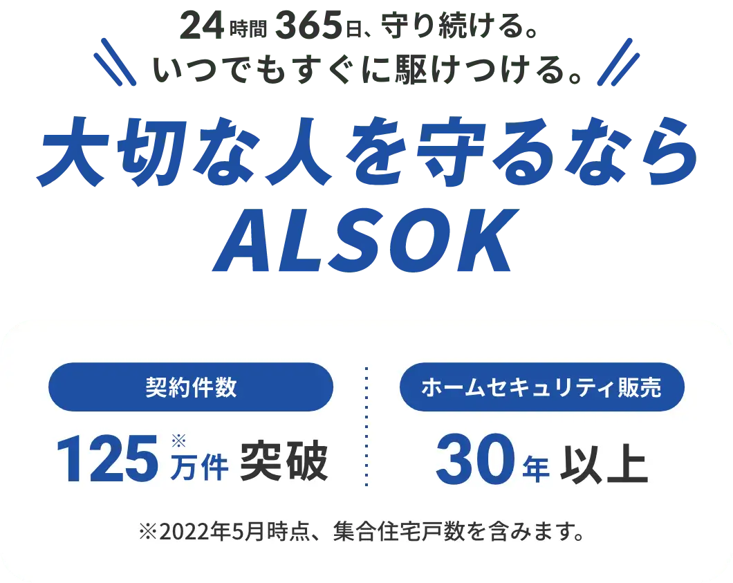 24時間365日、守り続ける。いつでもすぐに駆けつける。大切な人を守るならALSOK。契約件数125万件突破、ホームセキュリティ販売30年以上（2022年5月時点、集合住宅戸数を含みます。）