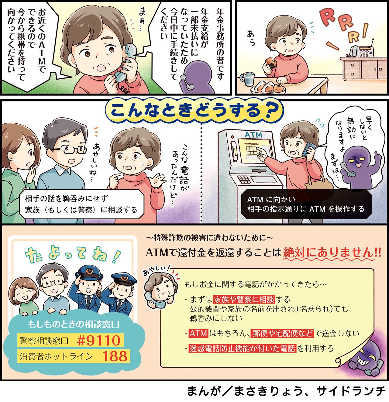 特殊詐欺の被害に遭わないために ATMで還付金を変換することはぜったにありません。もしお金に関する電話がかかってきたら・・・まずは家族や警察にそうだんする 公的機関や家族の名前を出され(名乗られ)ても鵜呑みにしない。ATMはもちらん、郵便や宅配便などで送金しない。迷惑電話防止機能が付いた電話を利用する。 もしものときの相談窓口 警察相談窓口#9110 消費者ホットライン 188 まんが/まさきりょう、サンドランチ