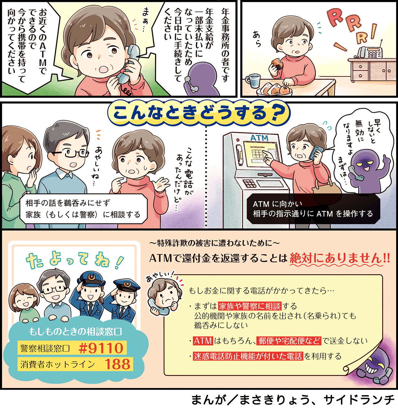 特殊詐欺の被害に遭わないために　ATMで還付金を変換することはぜったにありません。もしお金に関する電話がかかってきたら・・・まずは家族や警察にそうだんする　公的機関や家族の名前を出され（名乗られ）ても鵜呑みにしない。ATMはもちらん、郵便や宅配便などで送金しない。迷惑電話防止機能が付いた電話を利用する。　もしものときの相談窓口　警察相談窓口＃9110　消費者ホットライン 188 まんが／まさきりょう、サンドランチ