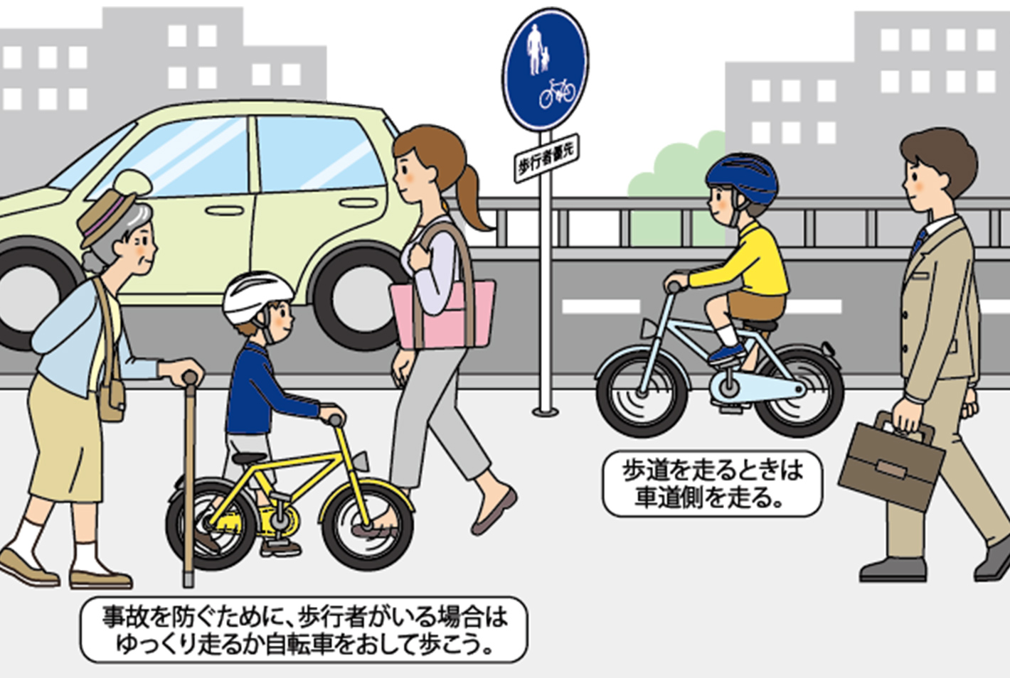 歩行者がいたらゆっくり走るか自転車をおして歩く