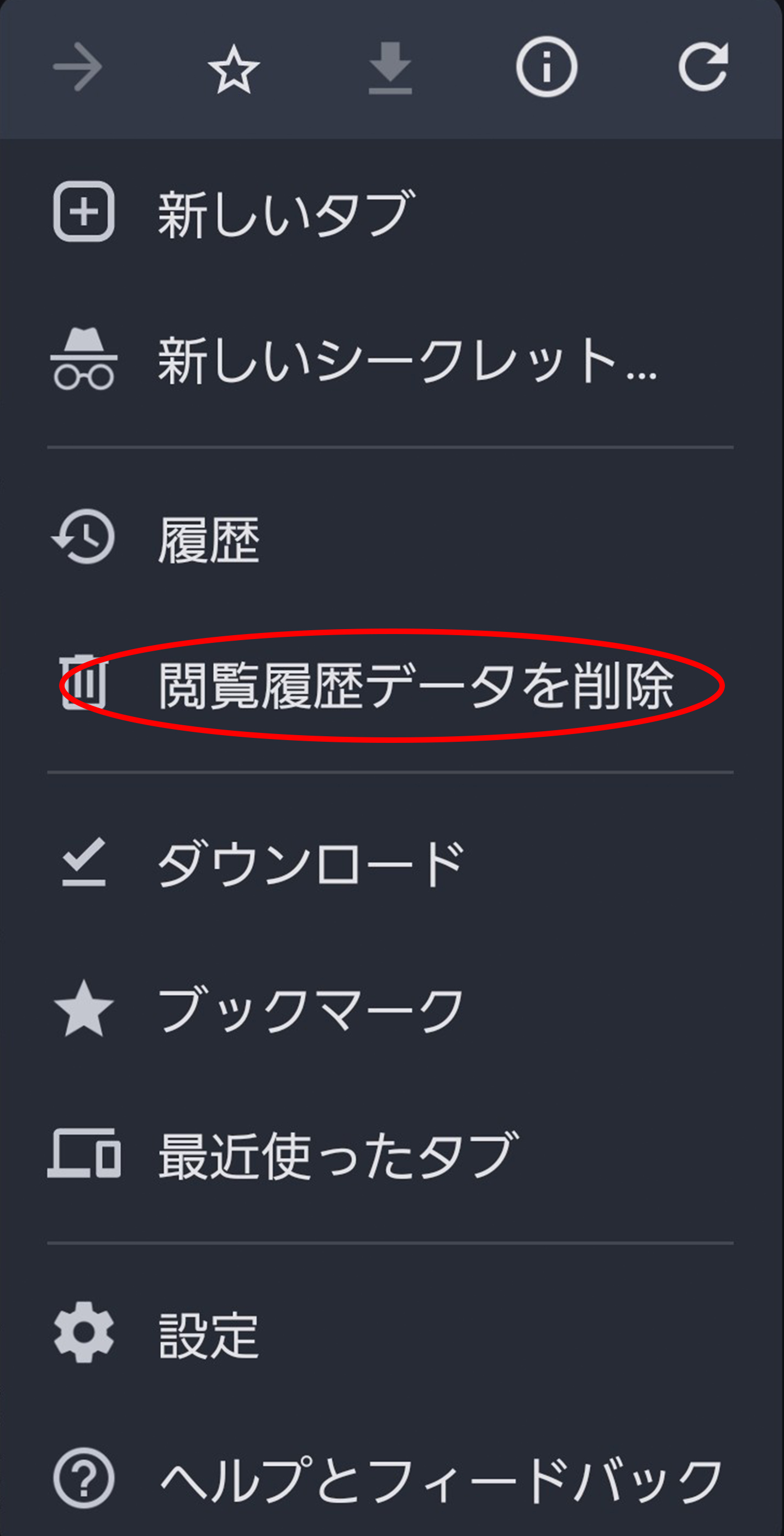 その他アイコン「…」＞「閲覧履歴データを削除」をタップのイメージ