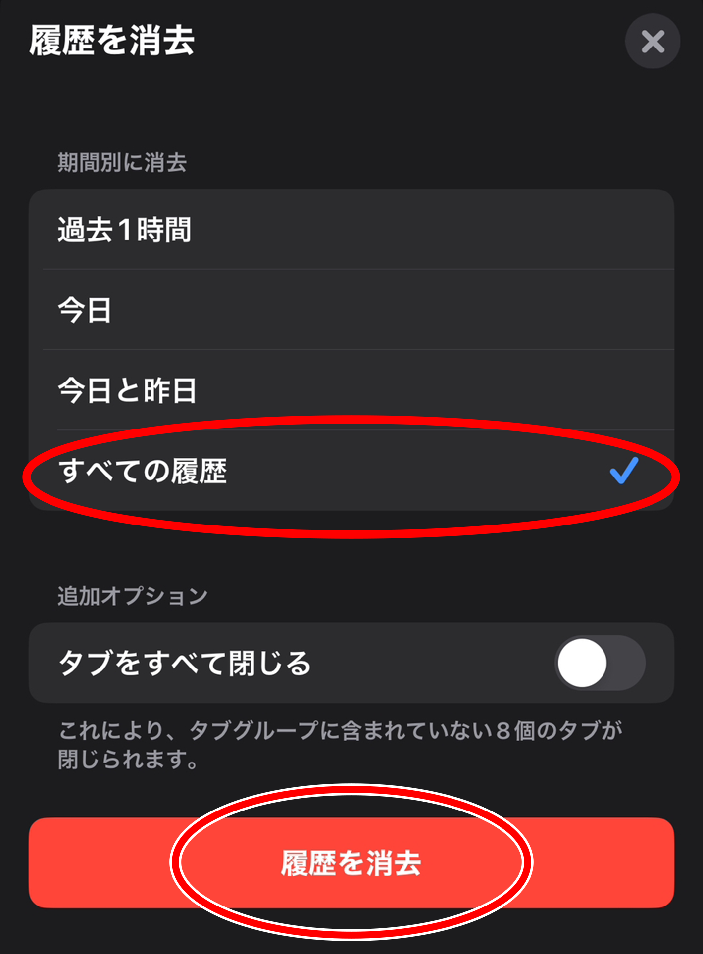 全ての履歴を消去