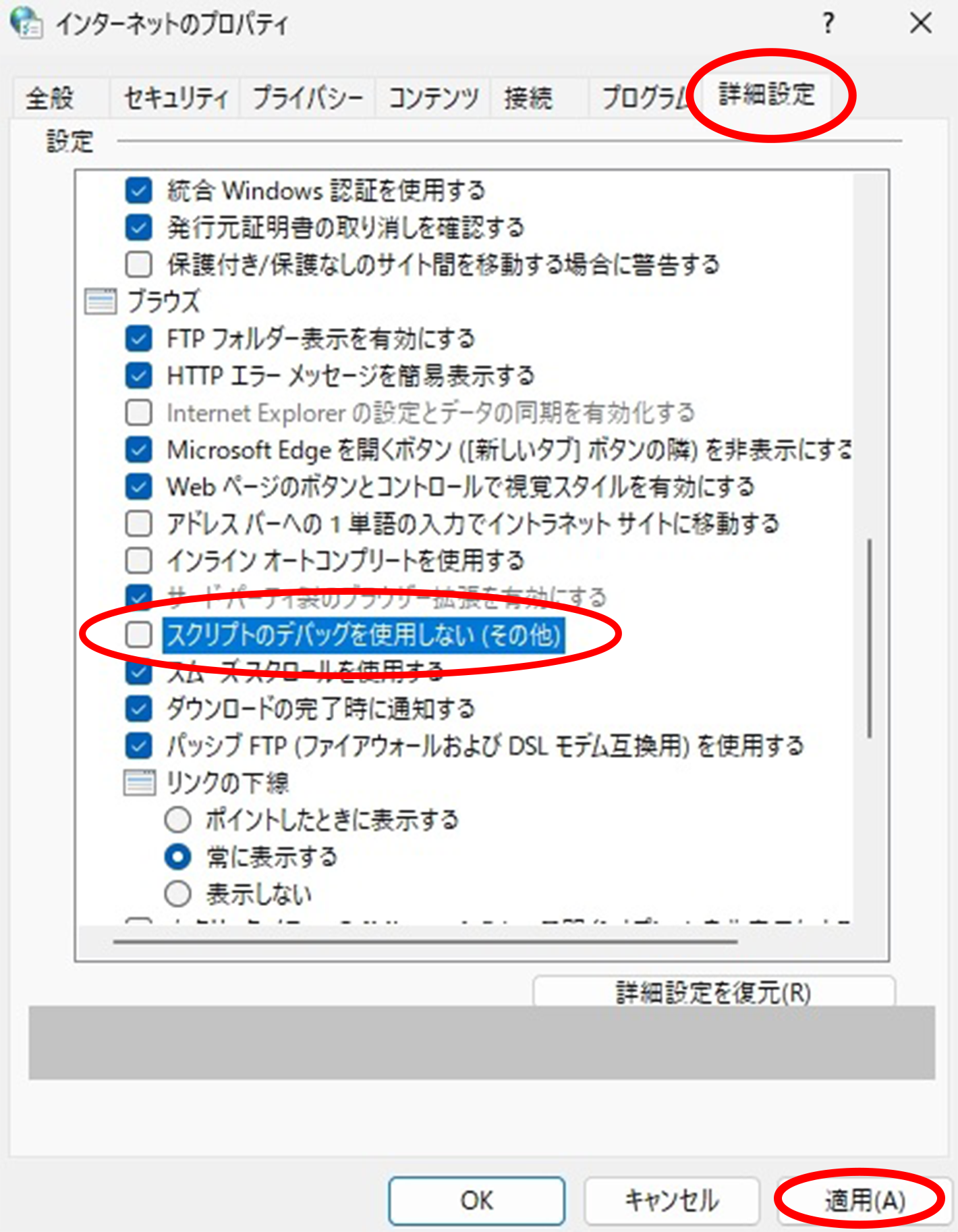 スクリプトのデバッグを使用しないのチェックボックスを外して適応