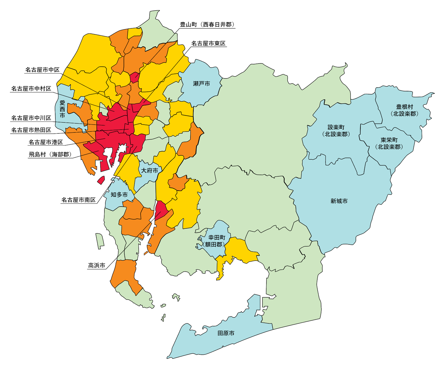 愛知県の刑法犯遭遇率の色分け地図