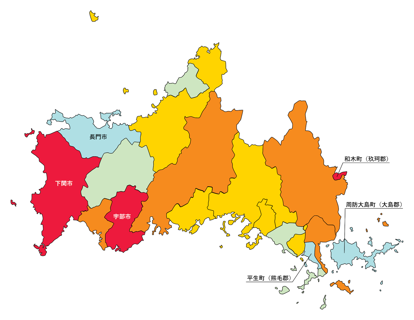 山口県の刑法犯遭遇率の色分け地図