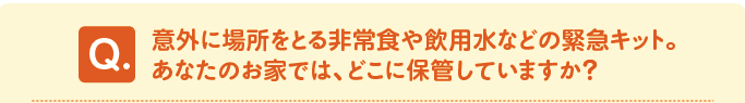 問題「意外に場所をとる非常食や飲用水などの緊急キット。あなたのお家では、どこに保管していますか?」
