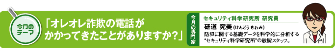 今月のテーマ　「オレオレ詐欺の電話がかかってきたことがありますか？」 今月の専門家　セキュリティ研究所　研道　究美（けんどう きわみ）