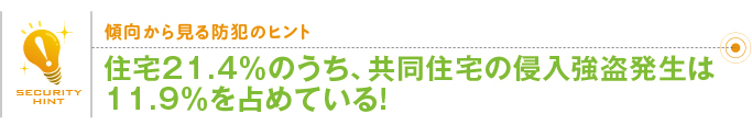 傾向から見る防犯のヒント「住宅21.4％のうち、共同住宅の侵入強盗発生は11.9％を占めている！」