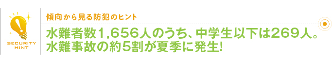 傾向から見る防犯のヒント「水難者数1,656人のうち、中学生以下は269人。水難事故の約5割が夏季に発生！」