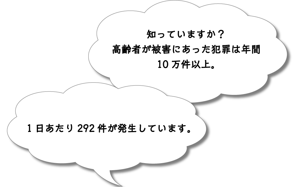 空き巣事件や、窃盗事件は年々被害は減ってきているといいますが、1日あたり約170件の被害が発生していると言われています。また、高齢者が被害にあった犯罪は年間10万件以上発生しています。